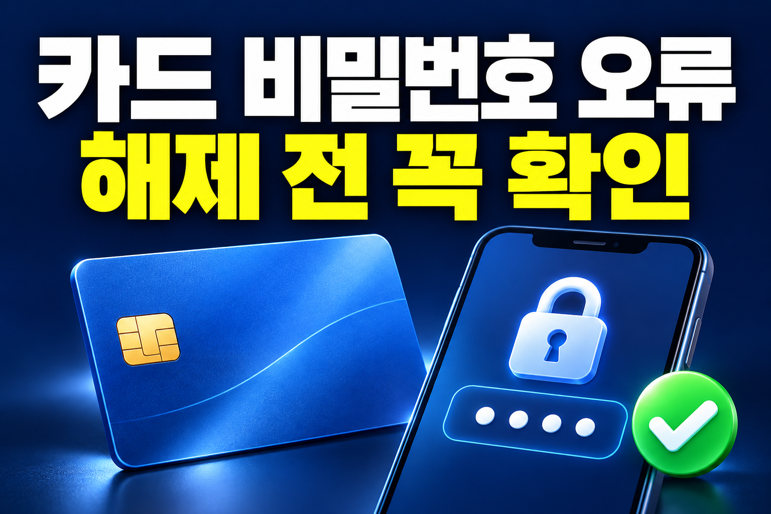 카드 비밀번호 오류 해제 전 확인을 안내하는 카드와 잠금 화면