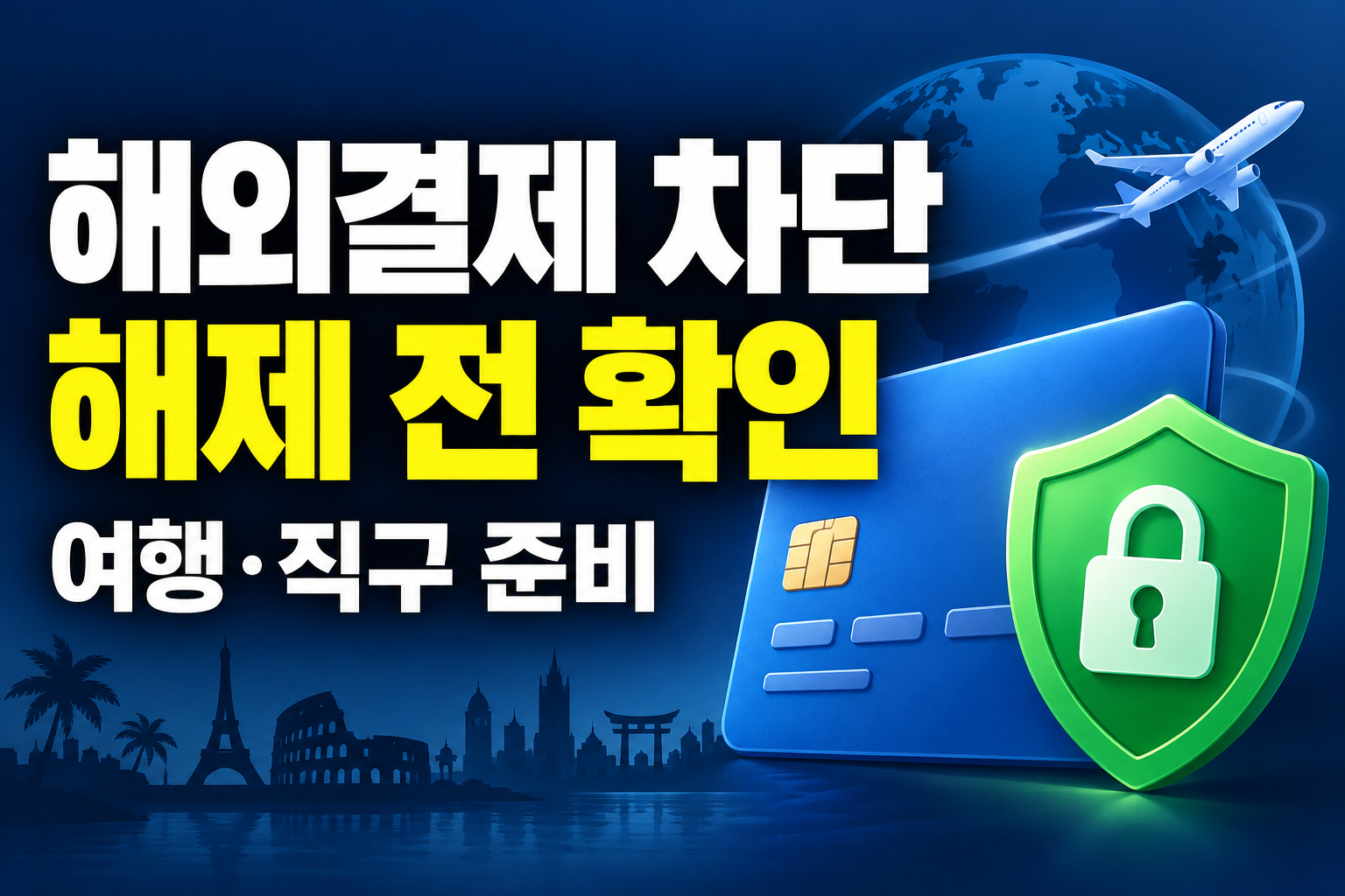 해외결제 차단과 해제 전 여행 직구 준비 사항을 안내하는 이미지