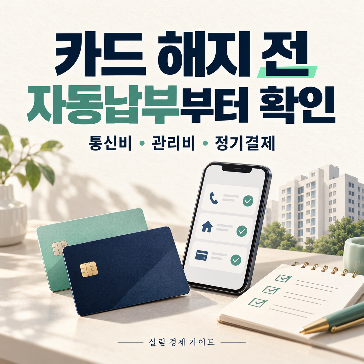 카드 자동납부 변경을 위해 통신비와 관리비 목록을 확인하는 안내 이미지